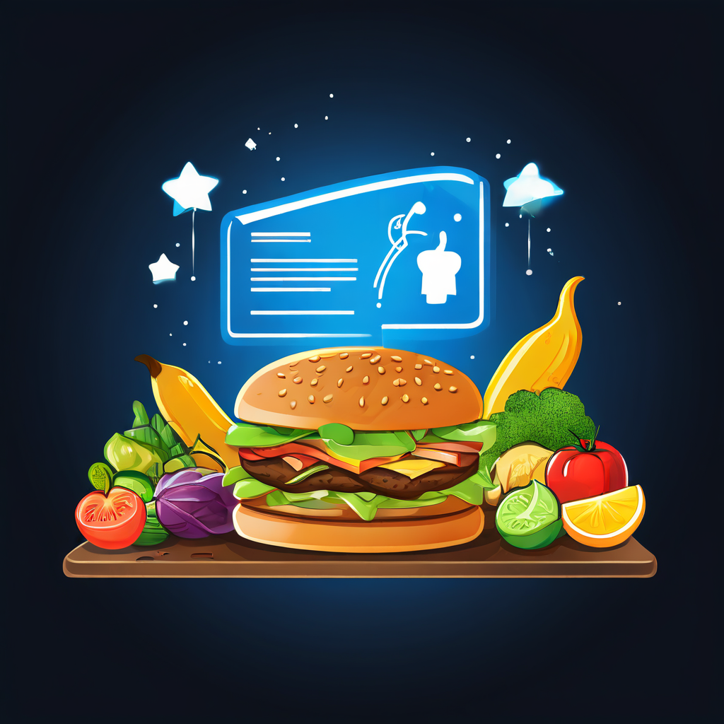 건강한 식단 관리를 위해 샐러드와 햄버거 중 고민하는 사용자의 시점에서, 영양 정보를 바탕으로 올바른 음식 선택을 돕는 체크리스트 아이콘을 보여주는 이미지.