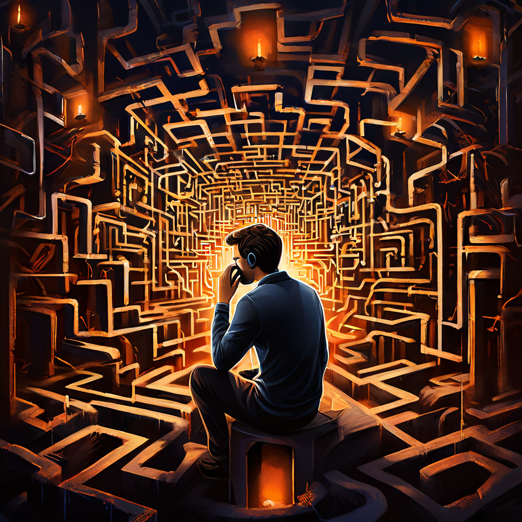 웹사이트 회원가입 승인 여부를 결정하기 위해 전화 통화를 하는 사람과 그 뒤로 보이는 복잡한 생각의 미로를 통해, 의사결정의 깊은 심리적 과정을 시각적으로 보여주는 이미지.