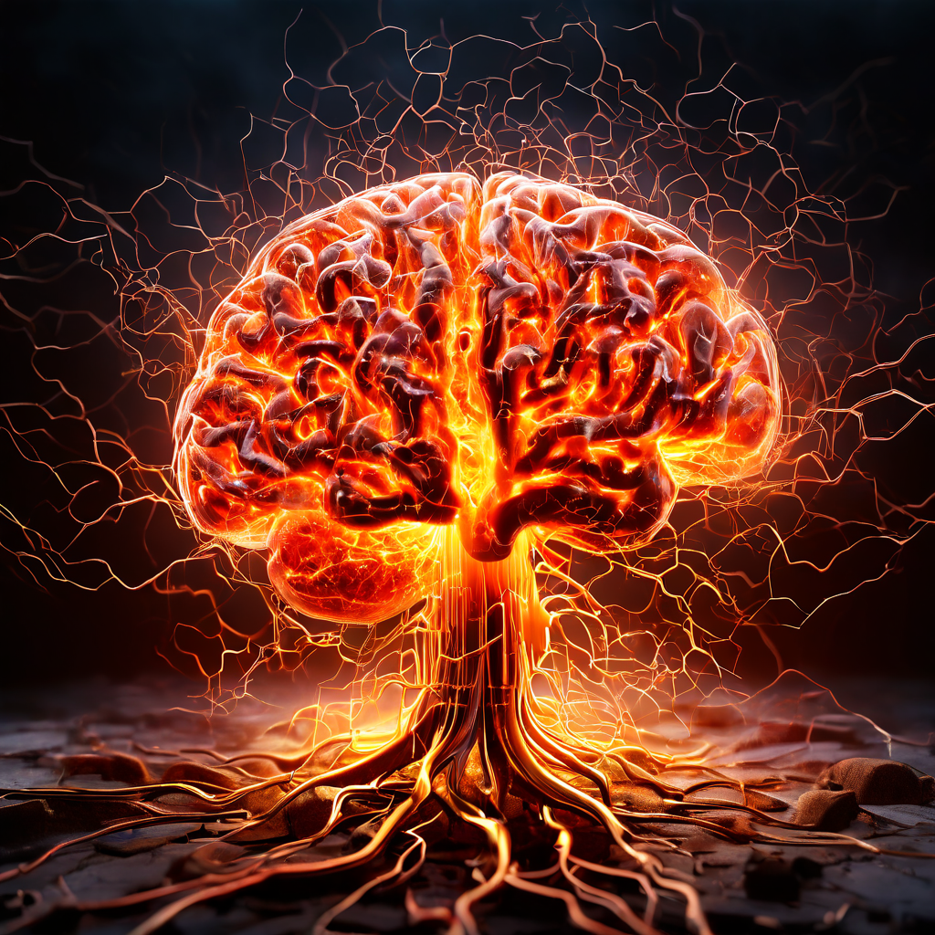 불안정하고 혼란스러운 외부 자극에 의해 뇌 신경망이 과부하되어 뉴런들이 불규칙하게 발화하는 스트레스 반응을 시각적으로 묘사하는 그림.