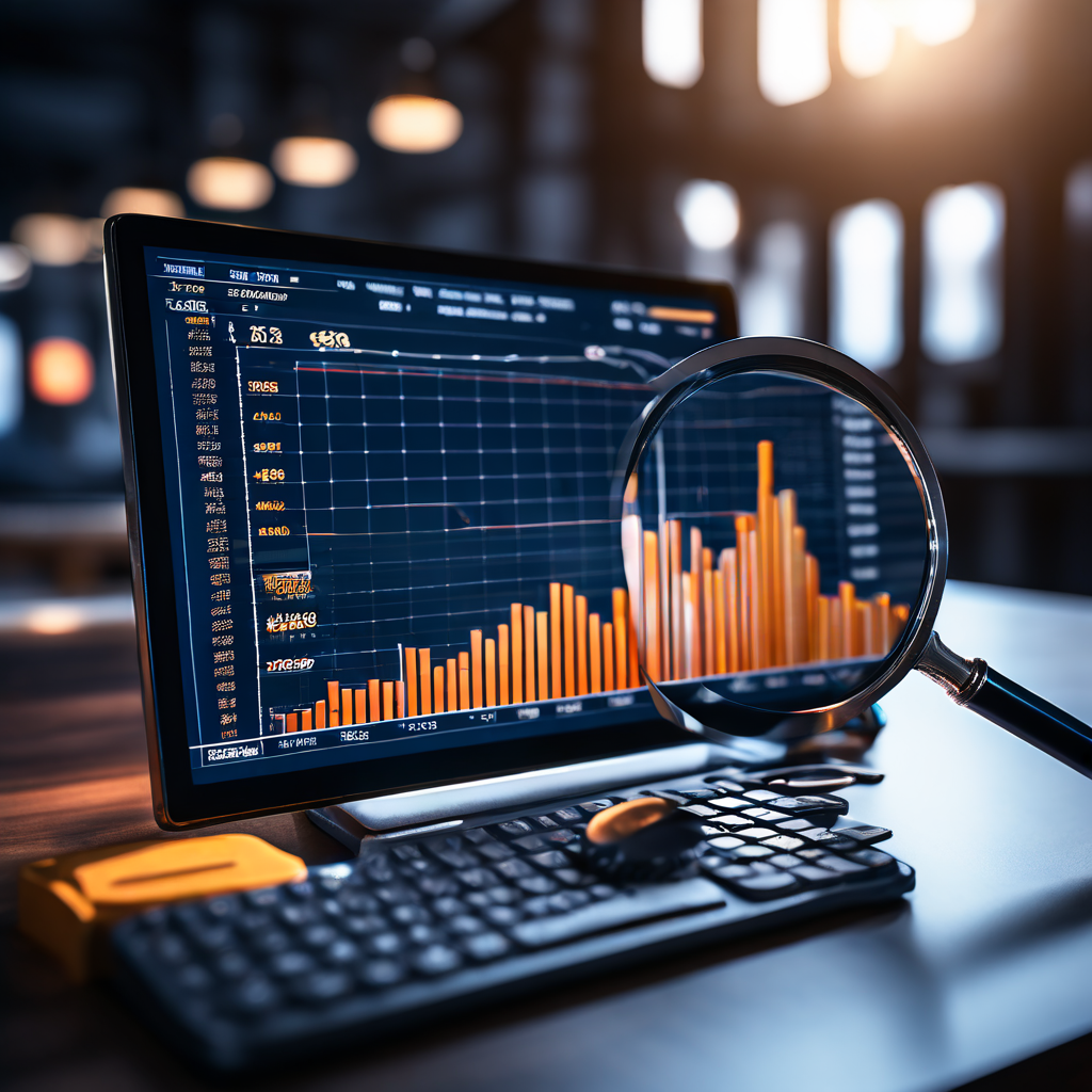 복잡한 금융 대시보드 속 여러 지표 중에서 돋보기로 핵심 지표 하나를 확대하여 시장 반응 데이터를 심층적으로 분석하고 인사이트를 도출하는 과정을 보여주는 이미지.