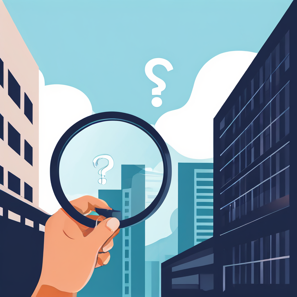 돋보기를 사용해 신생 웹사이트와 대기업을 잇는 의심스러운 백링크의 품질과 신뢰도를 분석하며 SEO에 미칠 영향을 검토하는 이미지