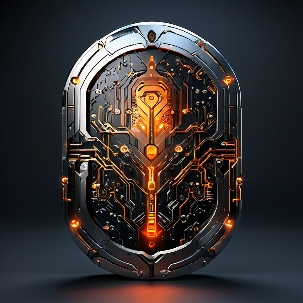 자동화 기술과 개인화된 생체 인식 정보가 결합된 디지털 방패가 외부 위협으로부터 데이터를 안전하게 보호하는 보안 시스템을 상징하는 이미지.