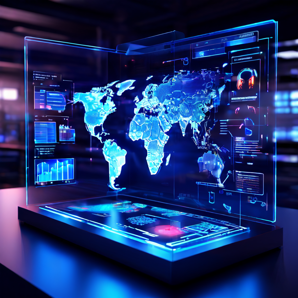 첨단 홀로그램 인터페이스가 디지털 시스템의 사이버 보안 상태를 정밀하게 스캔하며, 숨겨진 보안 취약점을 탐지하고 기술적 무결성을 검증하는 과정을 나타내는 이미지.