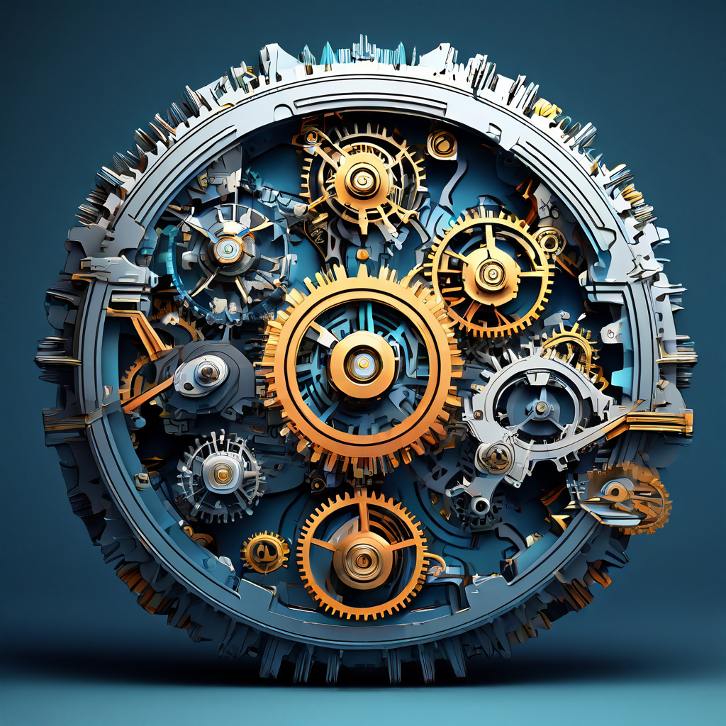 복잡한 시스템의 톱니바퀴와 코드가 단순하고 직관적인 사용자 인터페이스로 매끄럽게 전환되며 통합 디자인의 가치를 시각적으로 설명하는 이미지