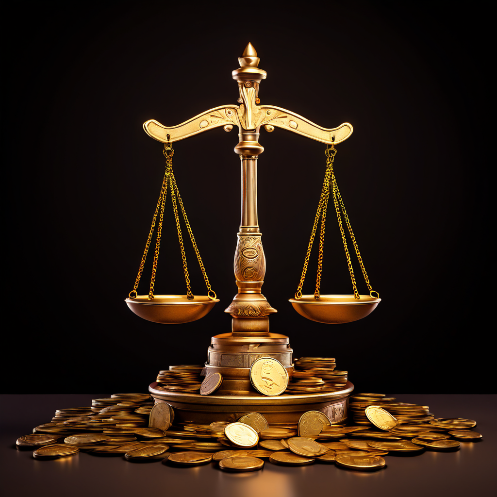 한쪽에는 잦은 당첨을 의미하는 작은 동전 더미와 다른 쪽에는 최대 당첨금을 상징하는 거대한 잭팟이 놓인 저울을 통해 슬롯의 히트율과 맥스윈의 균형을 설명하는 그림.