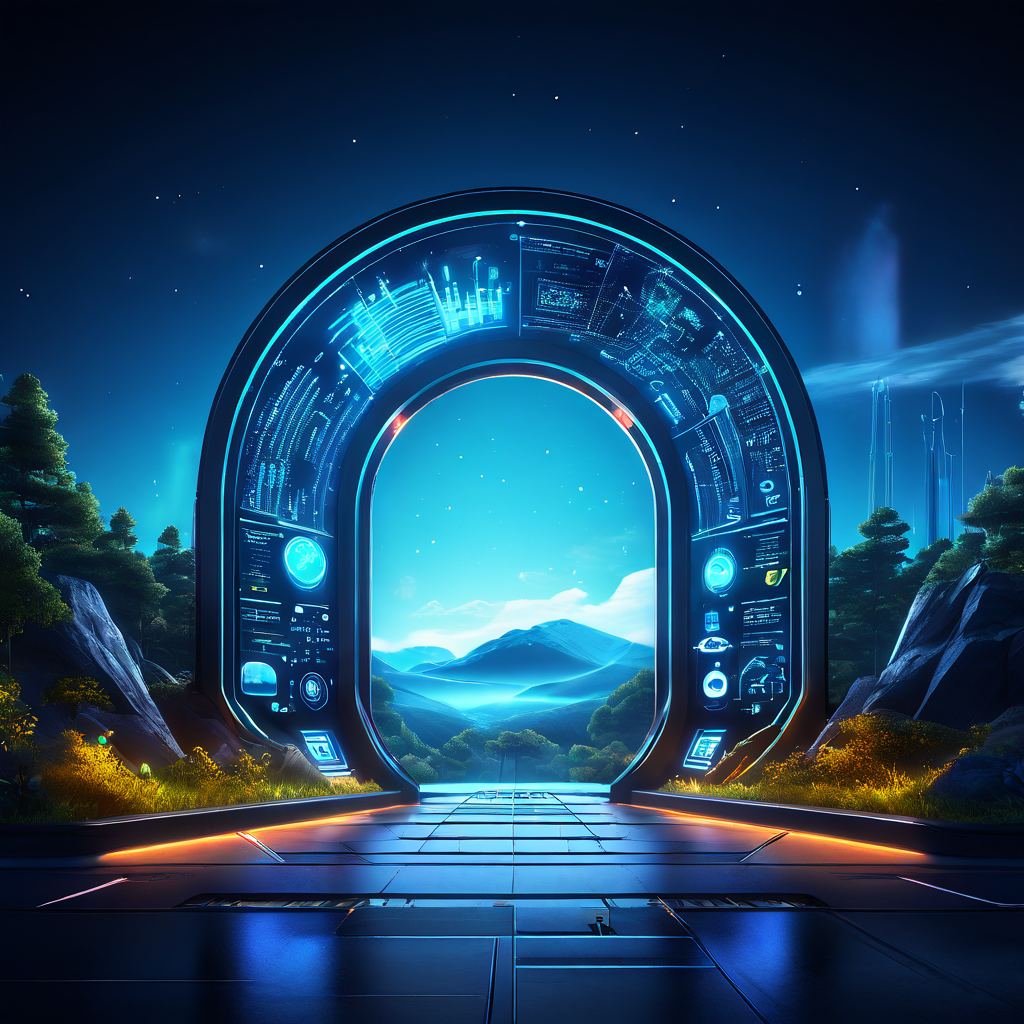 수많은 모니터링 대시보드로 구성된 최종 관문을 디지털 제품이 성공적으로 통과하며, 안정적이고 지속 가능한 운영이 가능한 미래로 진입하는 과정을 상징적으로 묘사하는 그림.