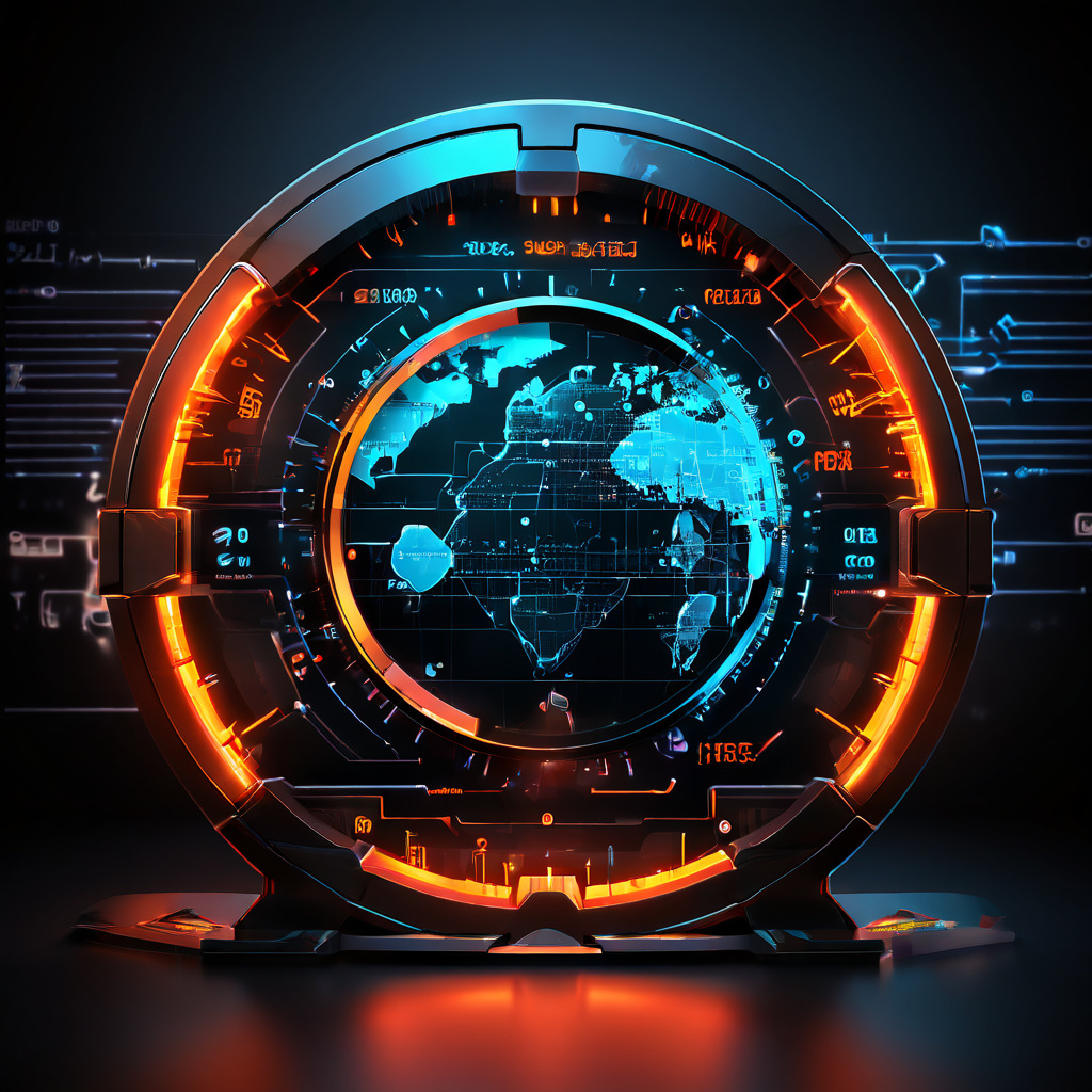 신규 디지털 플랫폼의 보안 수준을 실시간으로 측정하는 지표 게이지와 데이터를 안전하게 보호하는 방패 아이콘, 그리고 복잡한 위협 탐지 과정을 시각화하여 표현하는 이미지.