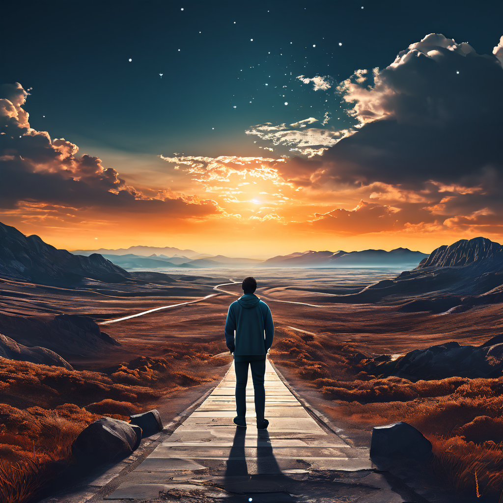 다양한 디지털 플랫폼의 갈림길에서 망원경으로 미래 시장을 분석하며, 비즈니스 성장을 위한 최적의 전략적 결정을 내리는 모습을 보여주는 이미지.