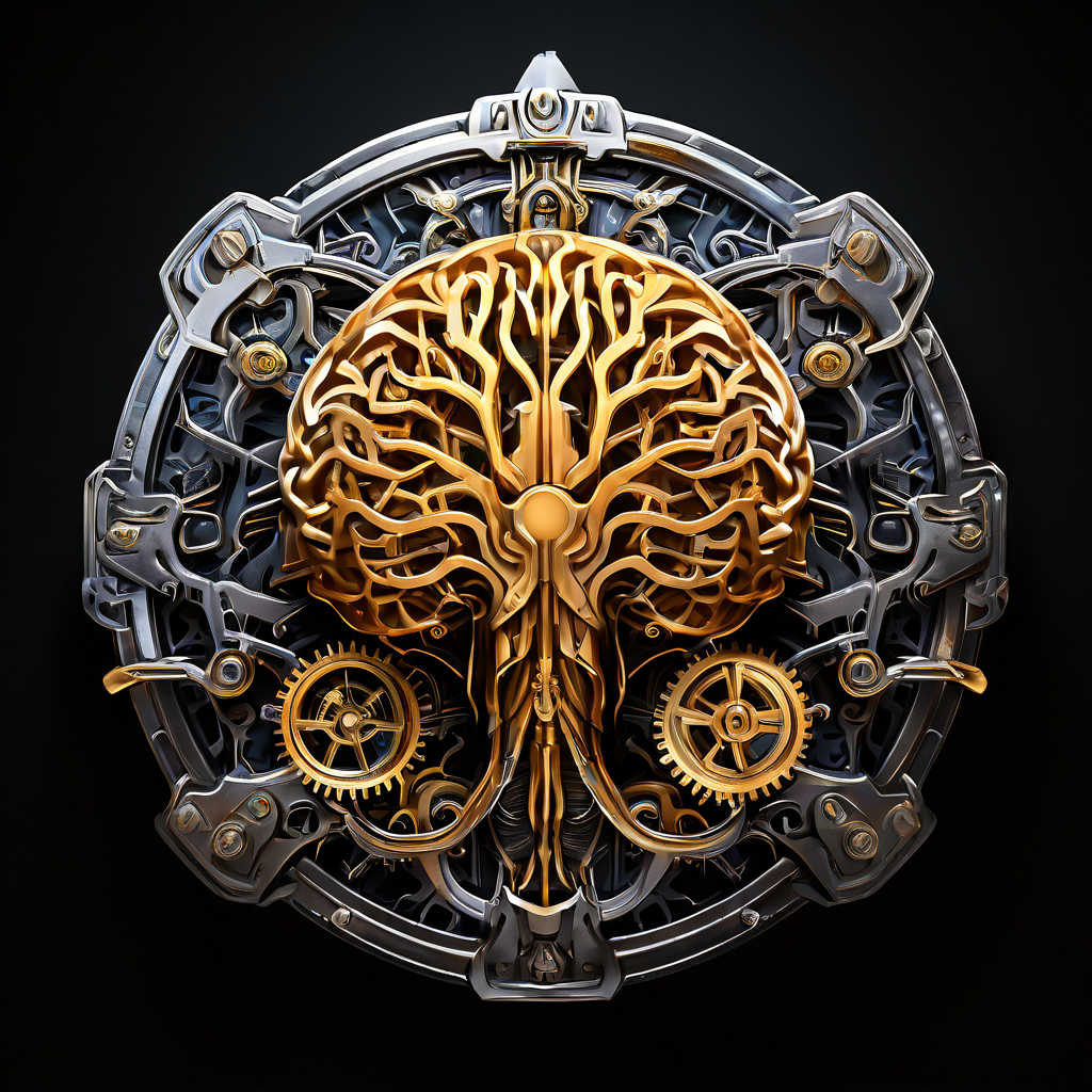 안전을 위한 종합적인 접근법과 체계적인 사고를 상징하는, 생각하는 뇌와 맞물린 톱니바퀴 형태의 방패를 보여주는 이미지.