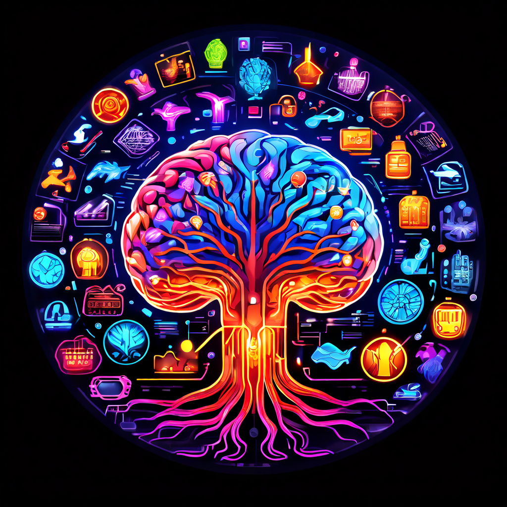 웹사이트의 다양한 미니게임 아이콘들이 빛나는 인간의 뇌로 흘러 들어가 선택과 다양성이 미치는 심리적 영향을 보여주는 이미지.