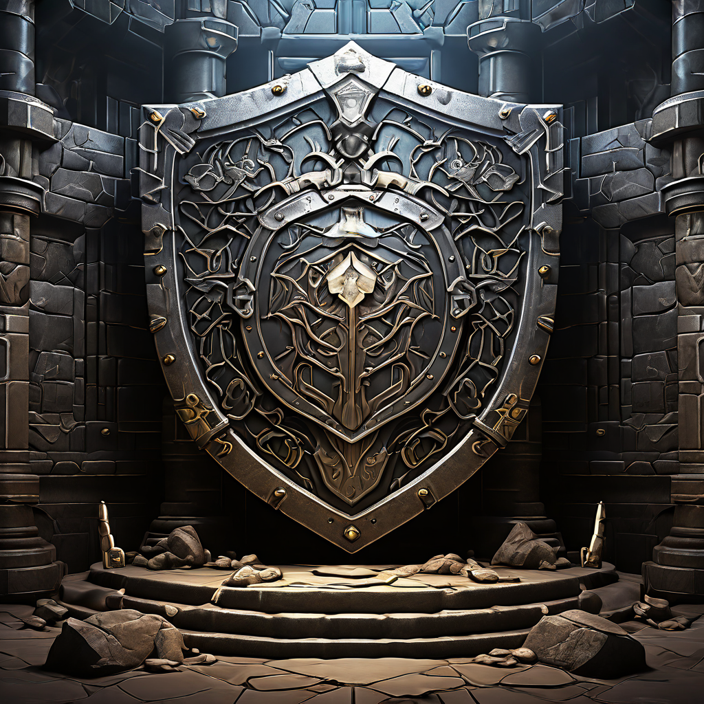 금융 안정과 신뢰의 상징인 견고한 석재 기반 위에 안전한 금고가 놓여 있고, 방패와 저울이 조화를 이루며 보호와 공정한 균형을 강조하는 이미지입니다.