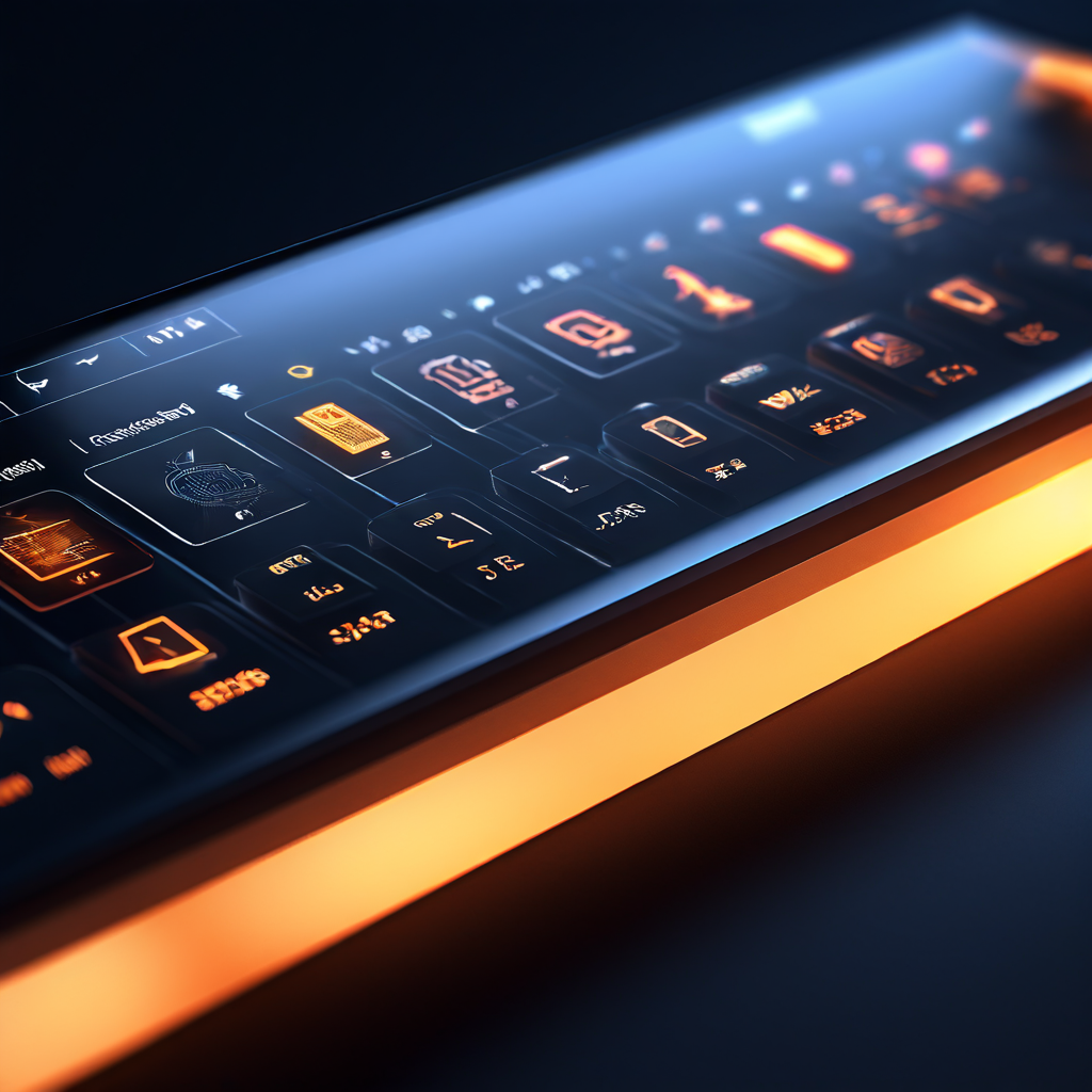 디지털 장인정신을 상징하는 미니멀하고 빛나는 UI 인터페이스의 클로즈업으로, 정렬된 아이콘과 직관적인 상호작용 흐름이 세심한 디지털 제작 과정을 보여줍니다.