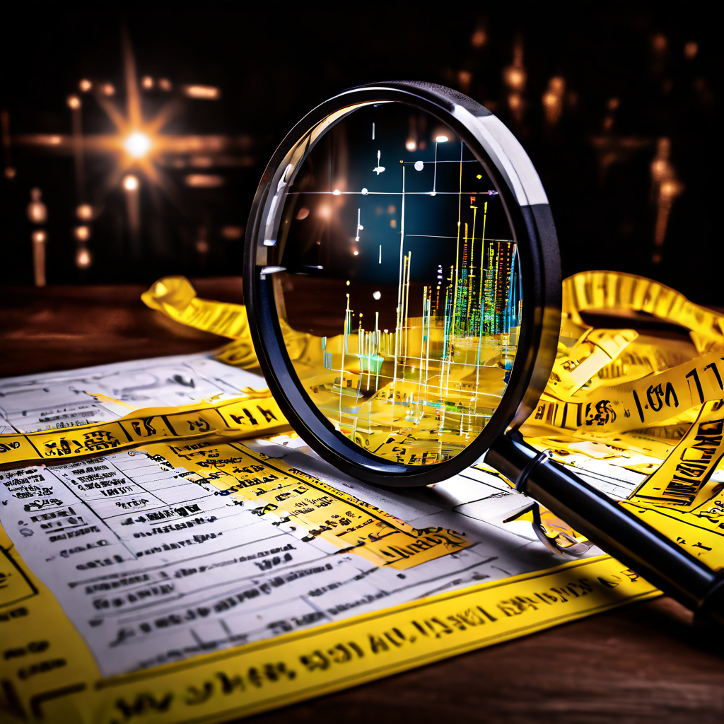 데이터 분석 과정에서 발견된 심각한 문제나 위험 요소를 경고하는 의미로, 경고 테이프와 주의 표시판이 강조된 복잡한 데이터 차트 위에 돋보기가 놓여 있습니다.