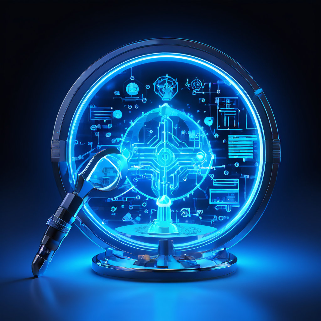 링크 아이콘의 정상 작동 여부를 확대경으로 점검하는 과정을 배경의 진단 도구와 플로우차트와 함께 상세히 보여주는 이미지입니다.