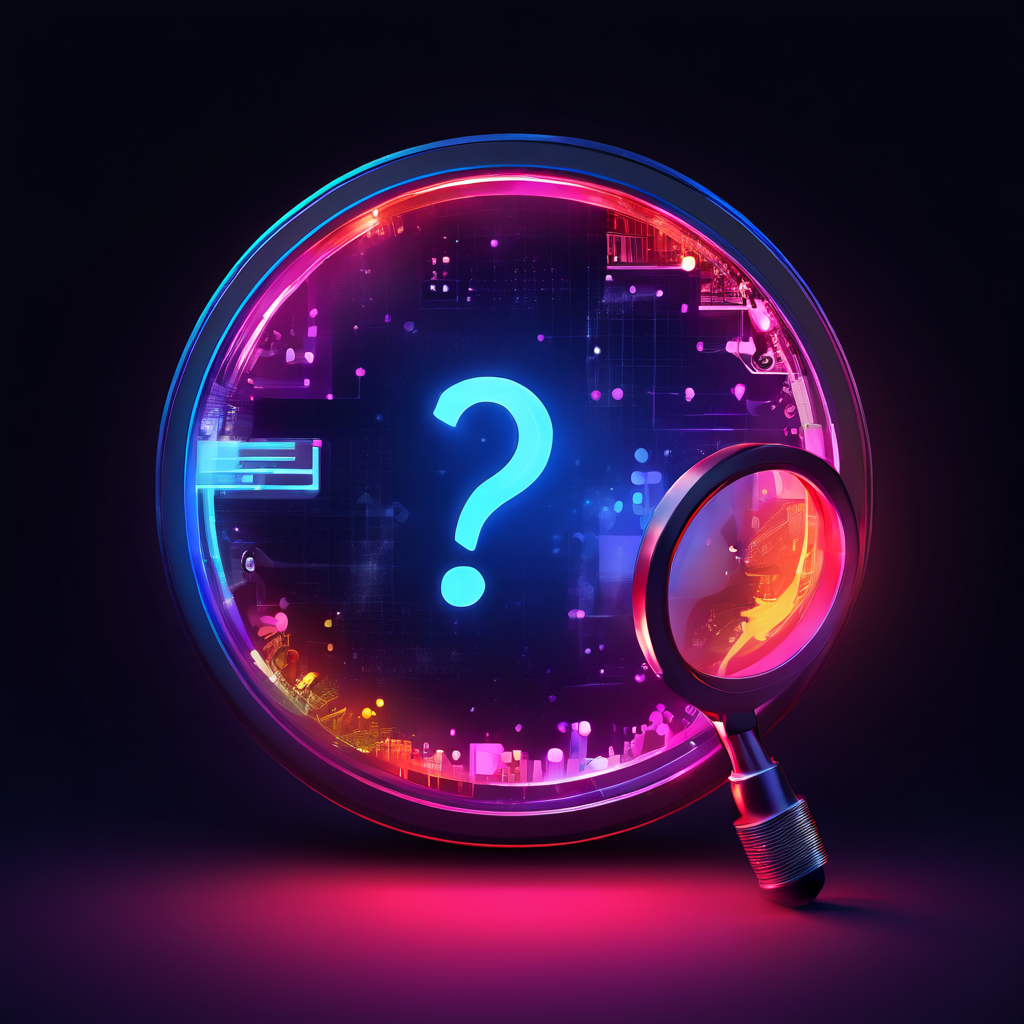 새로운 웹사이트에서 활성화된 디지털 채팅 창이 실시간 메시지를 표시하며, 물음표 아이콘과 중요도를 분석하는 돋보기 기능을 통해 사용자 문의의 핵심을 파악하는 과정을 보여줍니다.