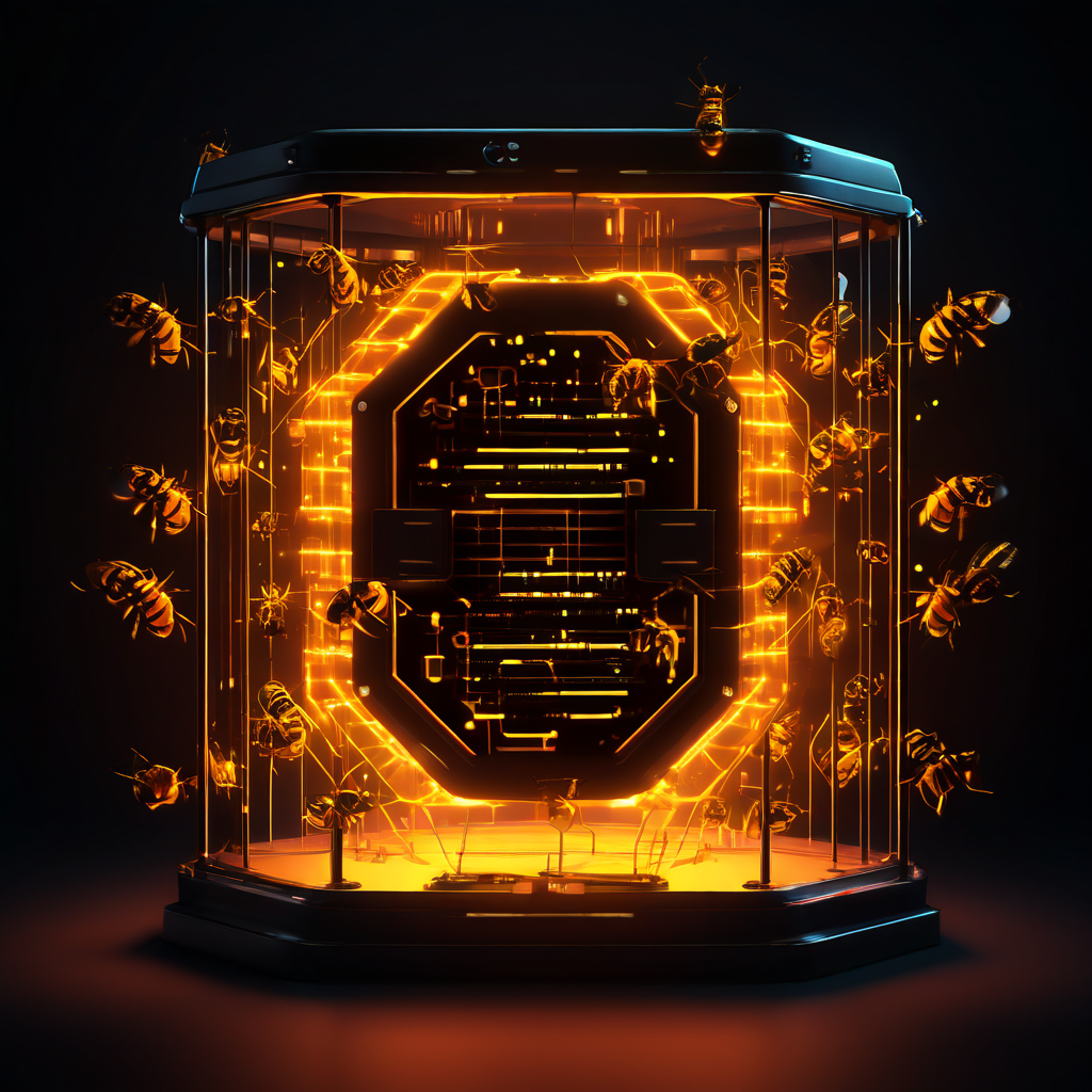 보안 소프트웨어로 위장한 디지털 허니트랩이 안전한 아이콘으로 속여 호기심 많은 데이터 패킷 무리를 투명한 감옥으로 유인하는 사이버 보안 위협 개념을 시각화한 이미지입니다.