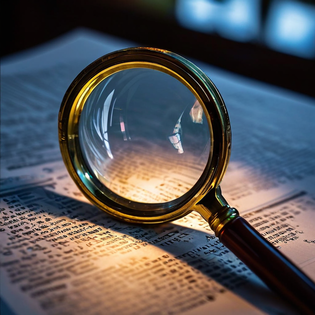 웹사이트 이용약관 문서를 집중적으로 검토하는 모습을 상징적으로 표현한 이미지로, 확대경과 빛으로 강조된 중요한 조항을 통해 계약서 세부 사항 확인의 필요성을 전달합니다.