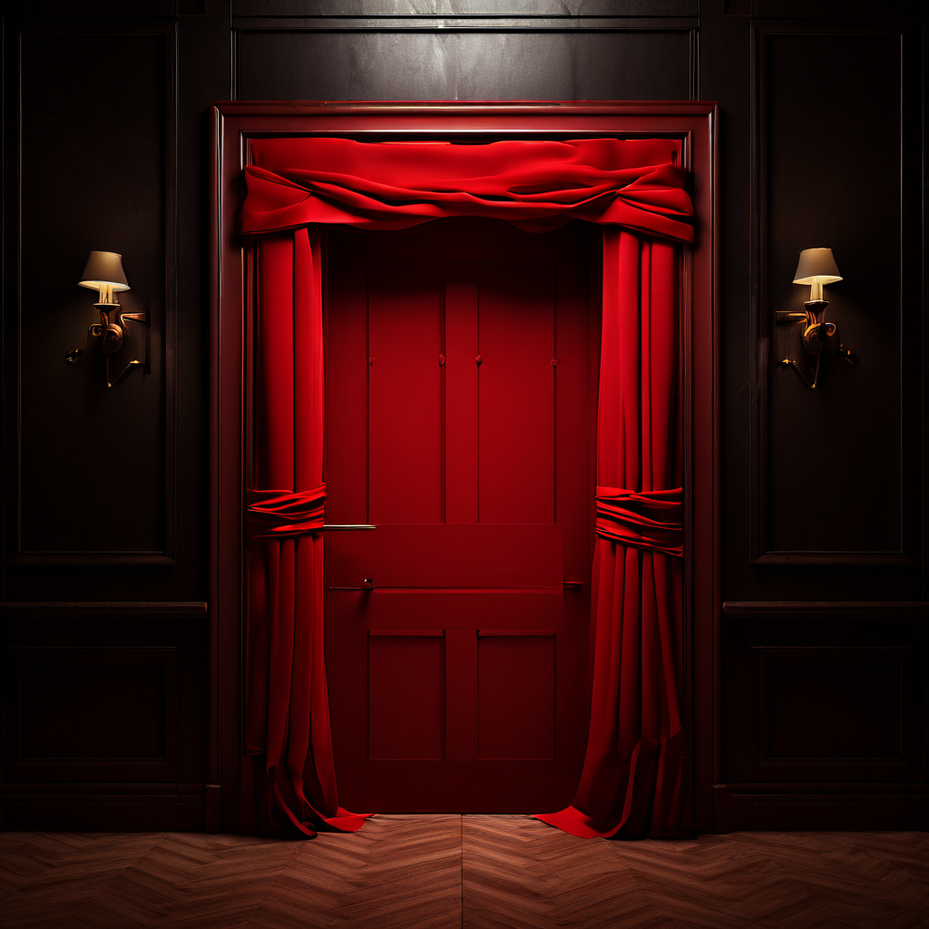 복잡한 행정 절차를 상징하는 빨간 테이프로 만든 닫힌 문 뒤에 가려진 법률 문서의 숨겨진 조항을 표현한 이미지입니다.