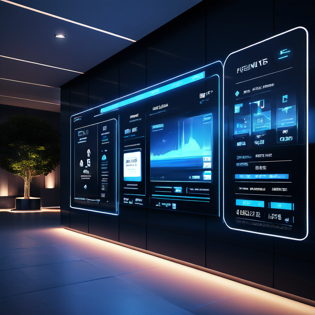 사용자가 디지털 필터를 조정하며 건축물의 실제 구조와 인터랙티브 UI 컨트롤이 자연스럽게 융합되는 현대적인 로비의 스마트 인터페이스를 보여주는 이미지입니다.