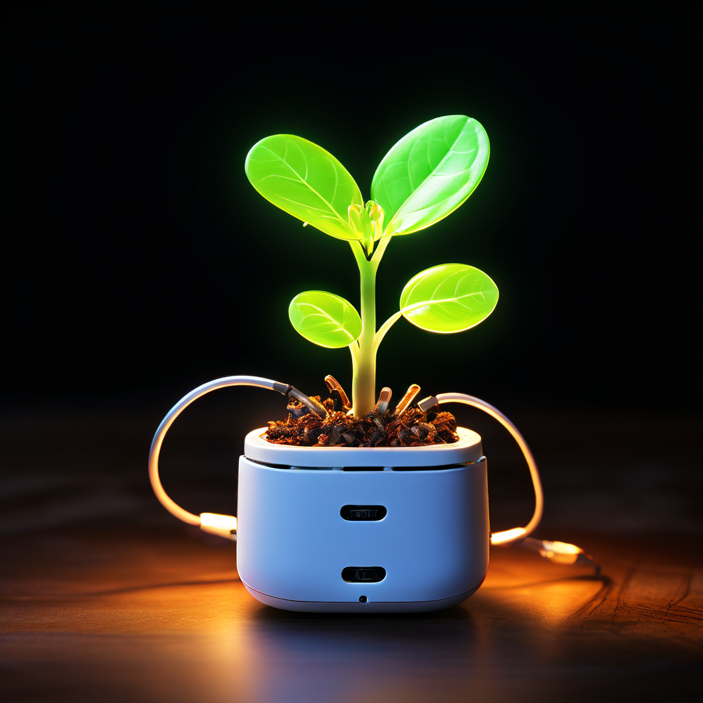 컴퓨터 마우스에서 자라나는 빛나는 새싹이 게임 컨트롤러 모양의 잎을 펼치며, 신선한 웹사이트 홈페이지를 상징적으로 표현한 이미지입니다.