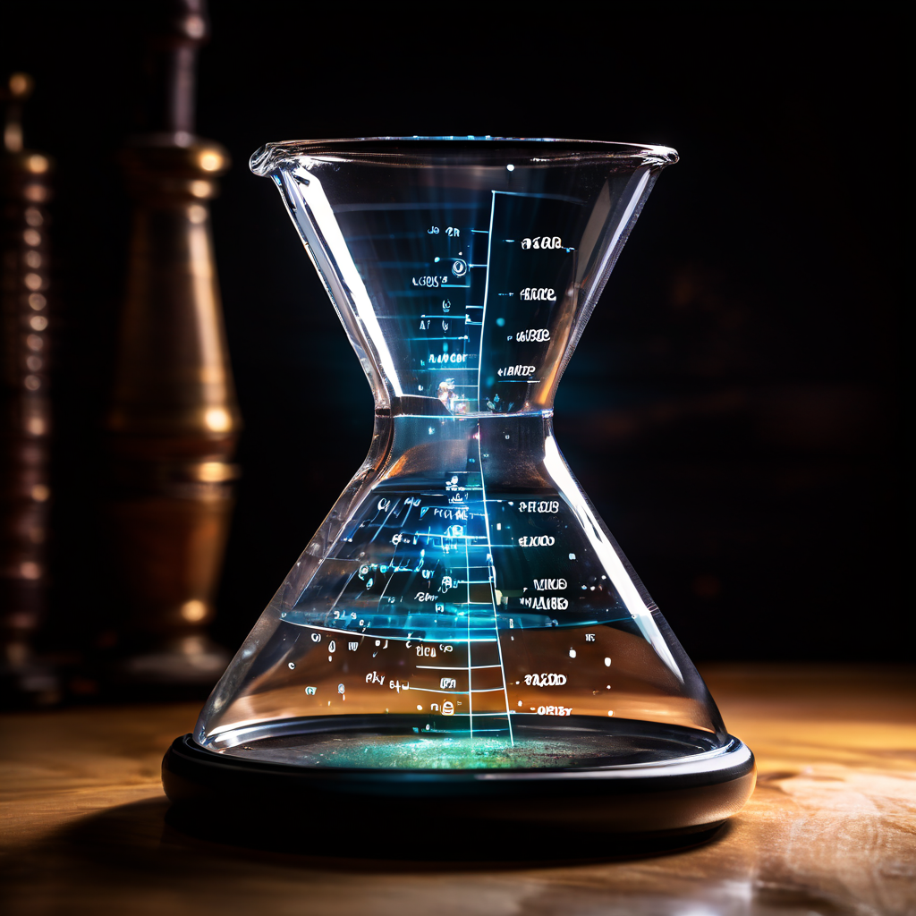 투명한 유리 깔때기에 빛이 통과하며 흐르는 데이터 포인트를 자와 돋보기로 정밀하게 측정하는 과정을 시각화한 개념 이미지입니다.