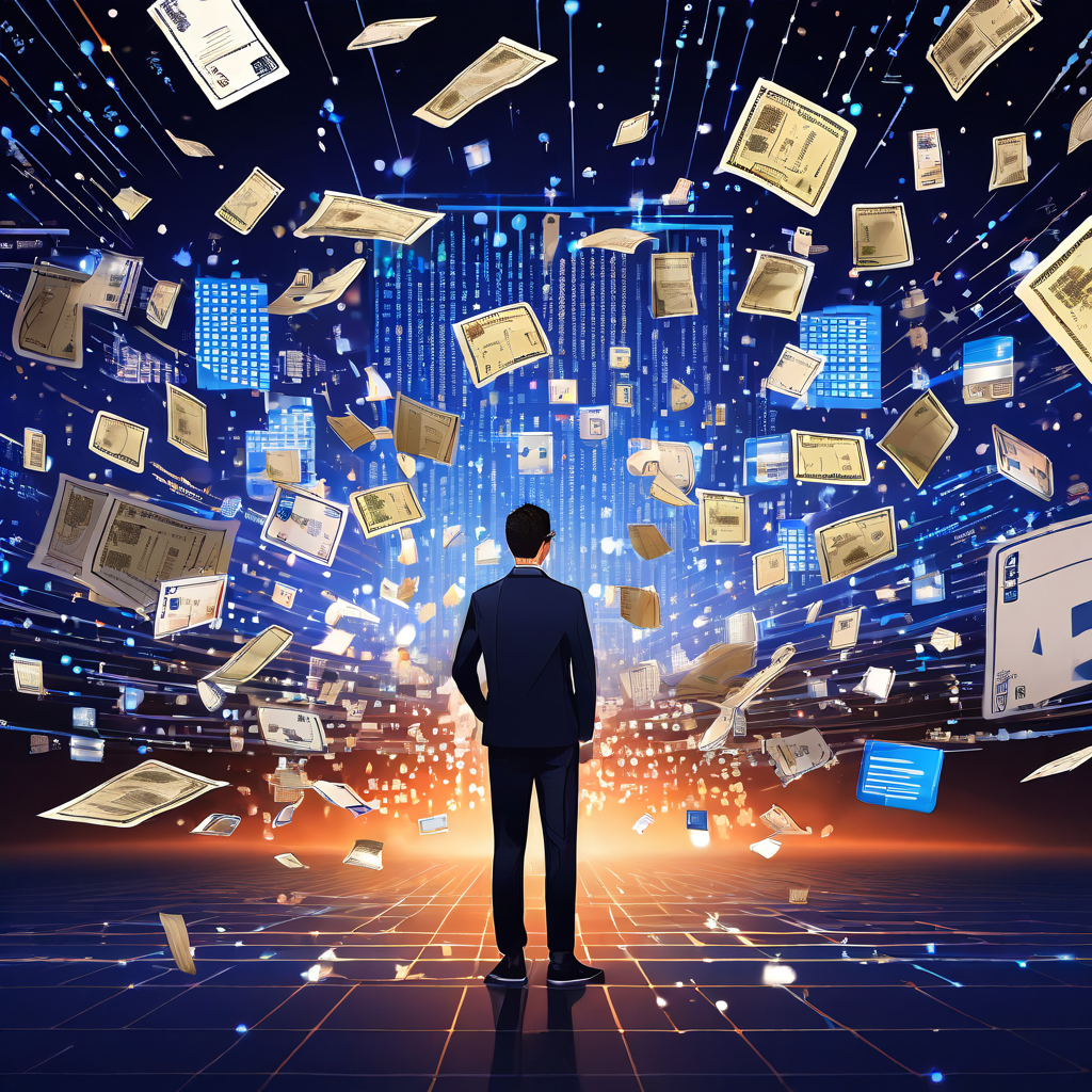 개인정보 제공 요청을 상징하는 여권, 신용카드, 봉투 아이콘들 사이에서 긴 디지털 양식을 망설이며 작성하는 모습을 표현한 이미지입니다.