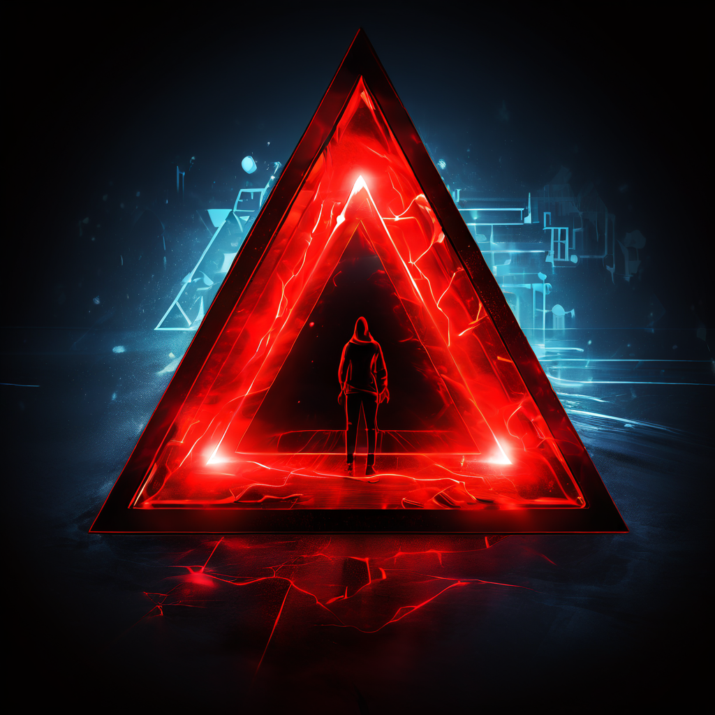 디지털 보안 위험을 상징하는 빨간색 삼각형 안의 느낌표가 금이 간 디지털 자물쇠 위에 겹쳐져 있고, 배경에는 위협을 감시하는 흐릿한 실루엣이 드리워진 이미지입니다.