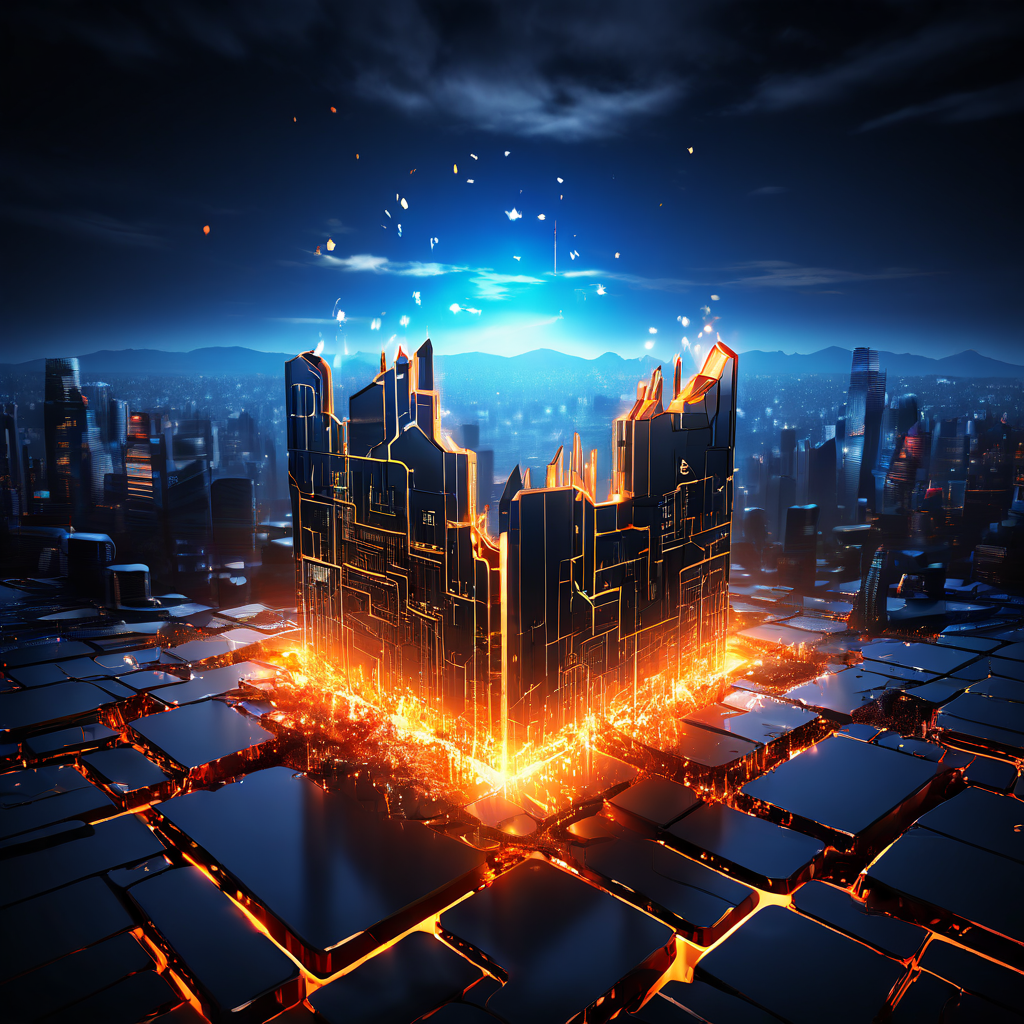 데이터 파편 위로 떠오르는 빛나는 디지털 플랫폼이 기술 환경에서의 전략적 회복과 새로운 시작을 상징적으로 표현한 이미지입니다.