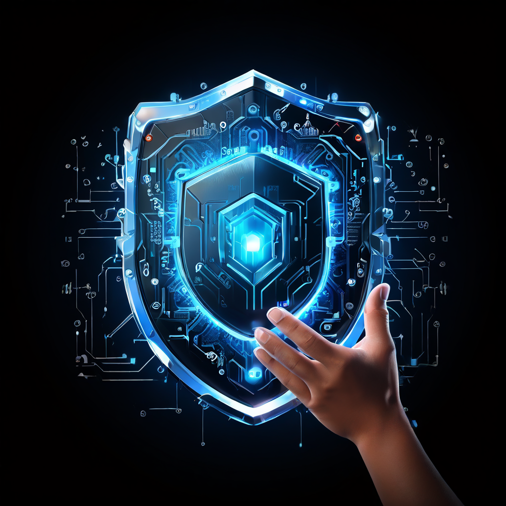 데이터 보안의 공동 책임을 상징하는 플랫폼의 기어와 사용자의 손이 함께 디지털 방패를 들고 있는 모습으로, 기술 환경에서의 협력적 보호 체계를 표현한 이미지입니다.