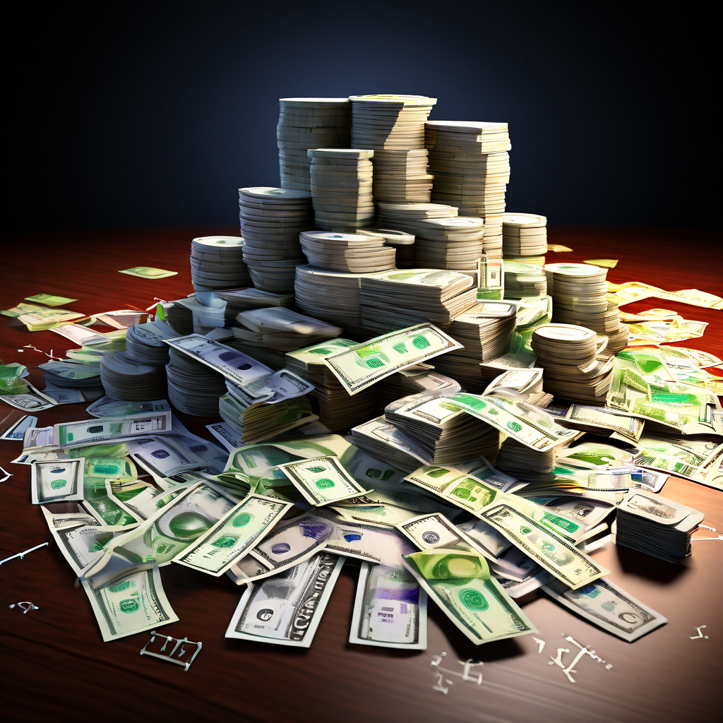 전략적 로드맵을 따라 추상적인 개념이 현금 더미로 구체화되는 과정을 보여주는 플로우차트 형태의 비즈니스 전략 시각화 이미지입니다.