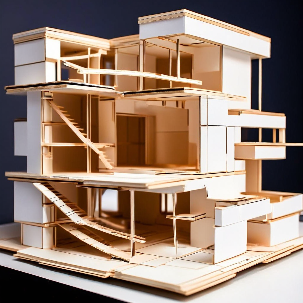 건축 모형의 근본적인 설계 결함을 드러내는 가까운 거리에서 촬영한 사진으로, 새로 제작된 모델의 골격이 작은 하중에도 균열이 가고 처지는 모습을 보여줍니다.