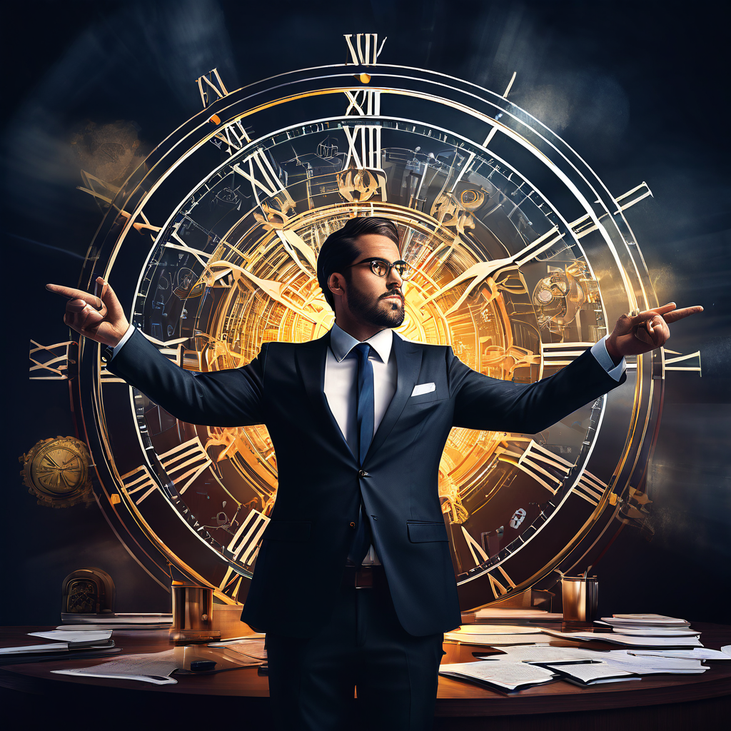 회의실에서 복잡한 플로우차트를 가리키며 변명하는 기업 임원과 좌절한 팀원들, 배경의 빠르게 회전하는 시계 바늘은 시간 낭비와 비효율적인 업무 프로세스를 상징적으로 보여줍니다.