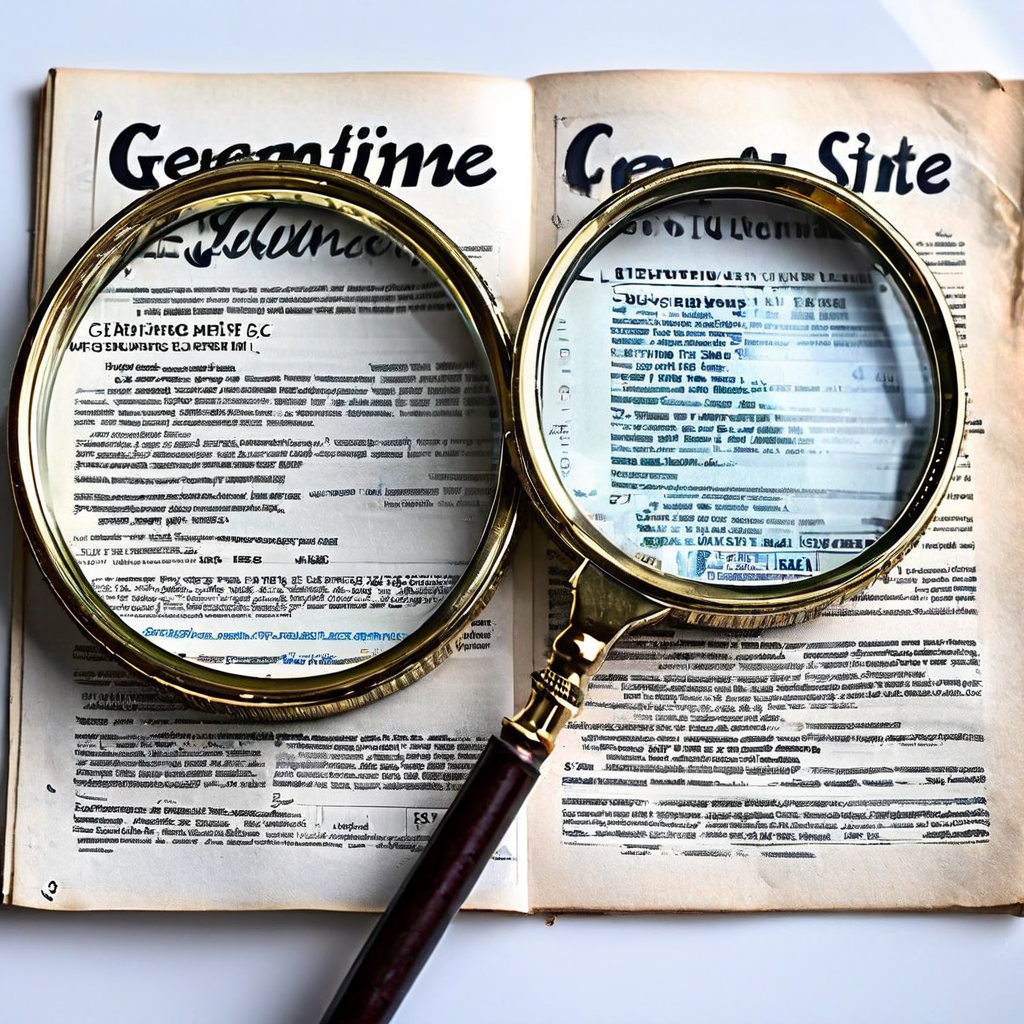 진정한 사이트와 가짜 사이트의 법률 문서를 확대경으로 비교하며, 양측 서비스 약관의 복잡한 텍스트에서 발견되는 결정적 차이점을 강조하는 이미지입니다.