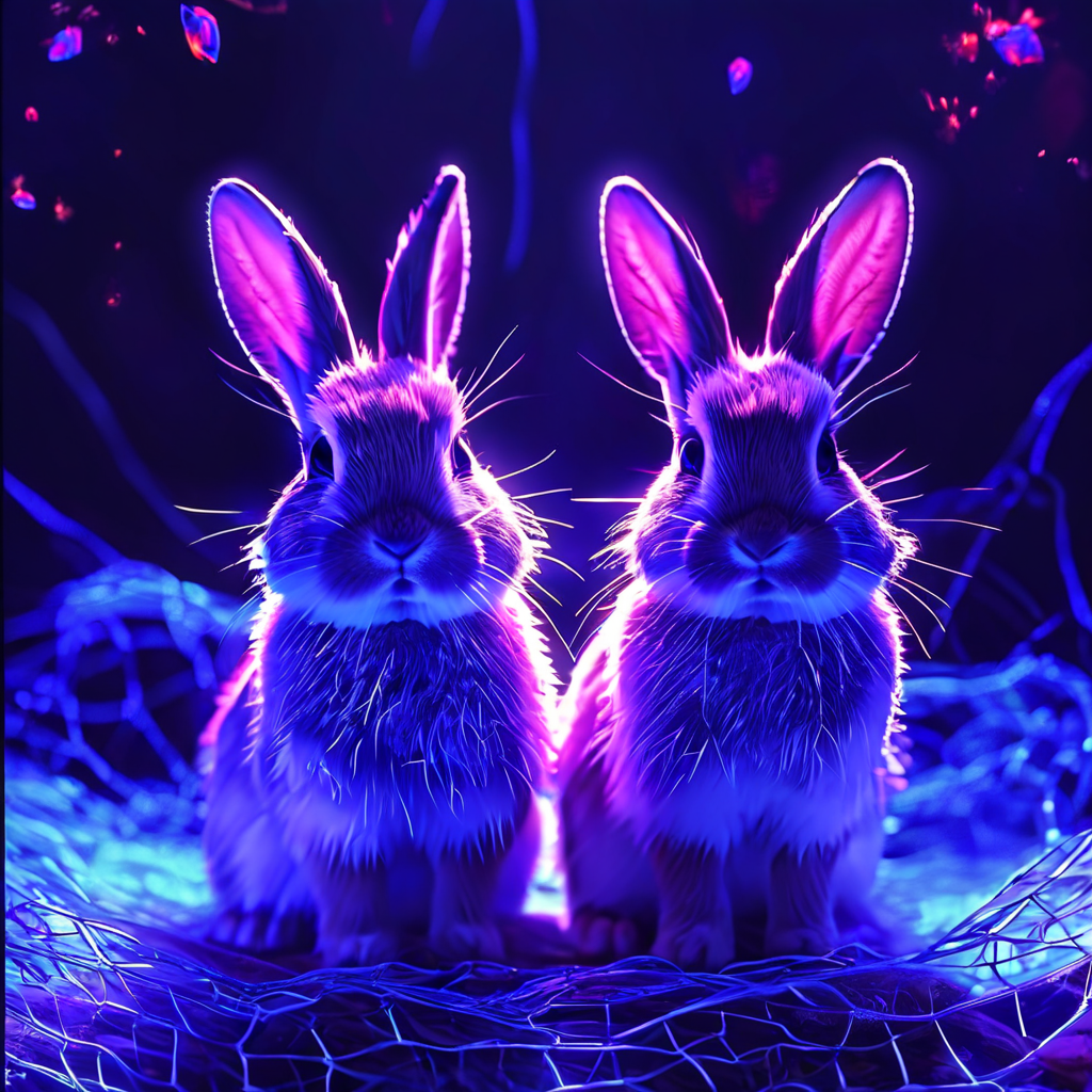 웹사이트 인터페이스에서 완벽하게 동기화된 고화질 비디오와 오디오의 조화를, 한 그물에 함께 걸린 두 마리의 행복한 토끼로 상징적으로 표현한 디자인 콘셉트 이미지입니다.