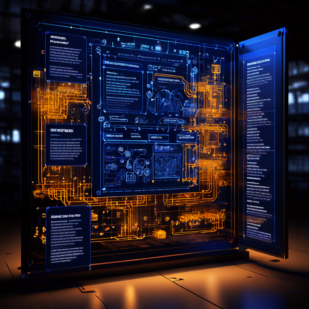 표면 아래로 유지보수 계획과 서버 구성도가 복잡하게 펼쳐진 청사진이 드러나는 빛나는 웹사이트 인터페이스를 묘사한 이미지입니다.