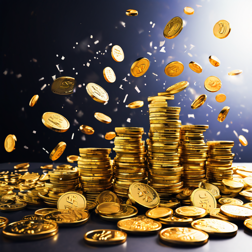 새로운 웹사이트의 오픈을 알리는 현수막에서 무료 체험 혜택을 상징하는 금화와 디지털 신용 기호가 넘쳐나며 풍요롭게 쏟아져 나오는 모습을 표현한 이미지입니다.