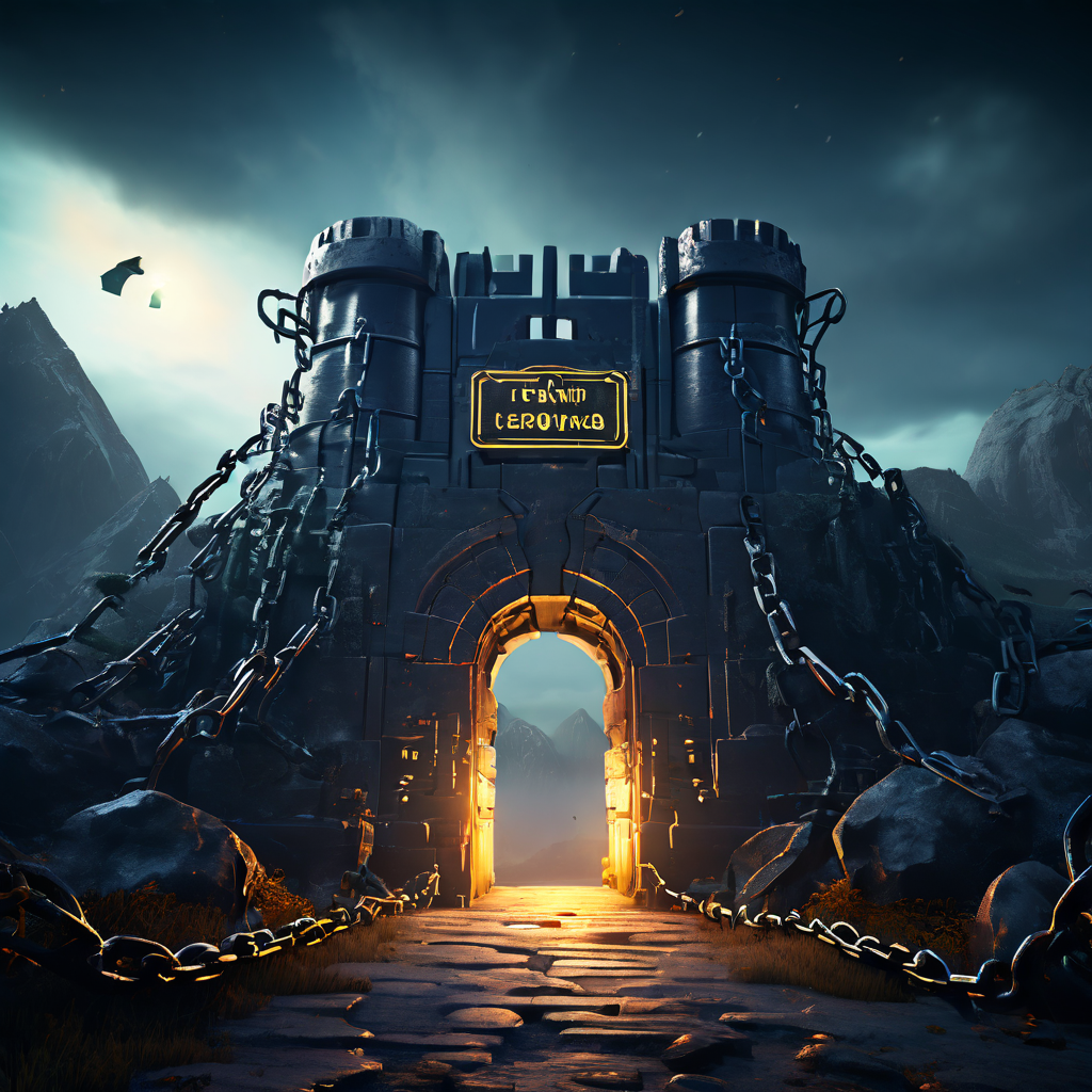 웹사이트 접근을 차단하는 거대한 디지털 요새의 입구가 빛나는 추천 코드 자물쇠로 잠겨 있고, 사이트 전반으로 '출입 금지' 표지와 사슬이 뻗어 나가는 모습을 상징적으로 묘사한 이미지입니다.