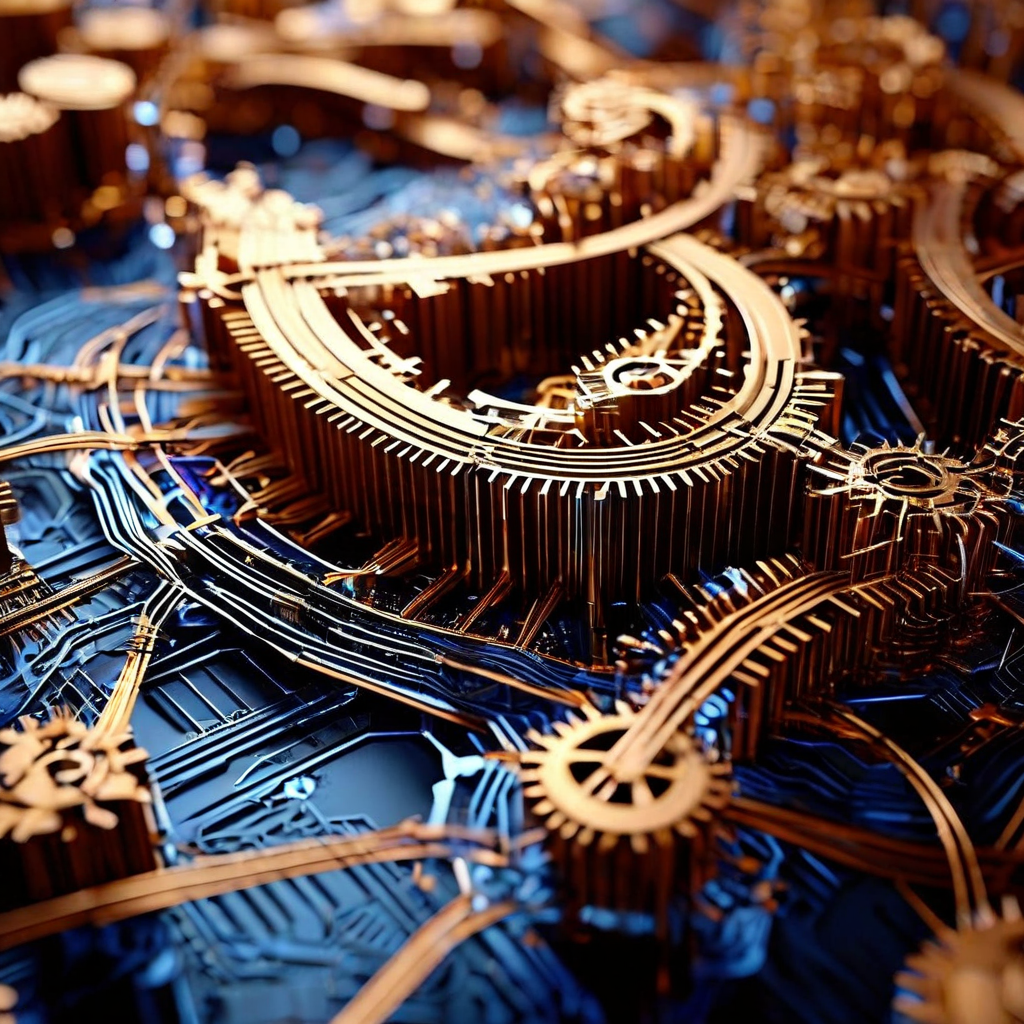 정밀하게 맞물려 다층으로 구성된 기어와 데이터 흐름의 복잡한 네트워크가 깔끔한 설계도 형태로 시각화된 시스템 구조 개념 이미지입니다.