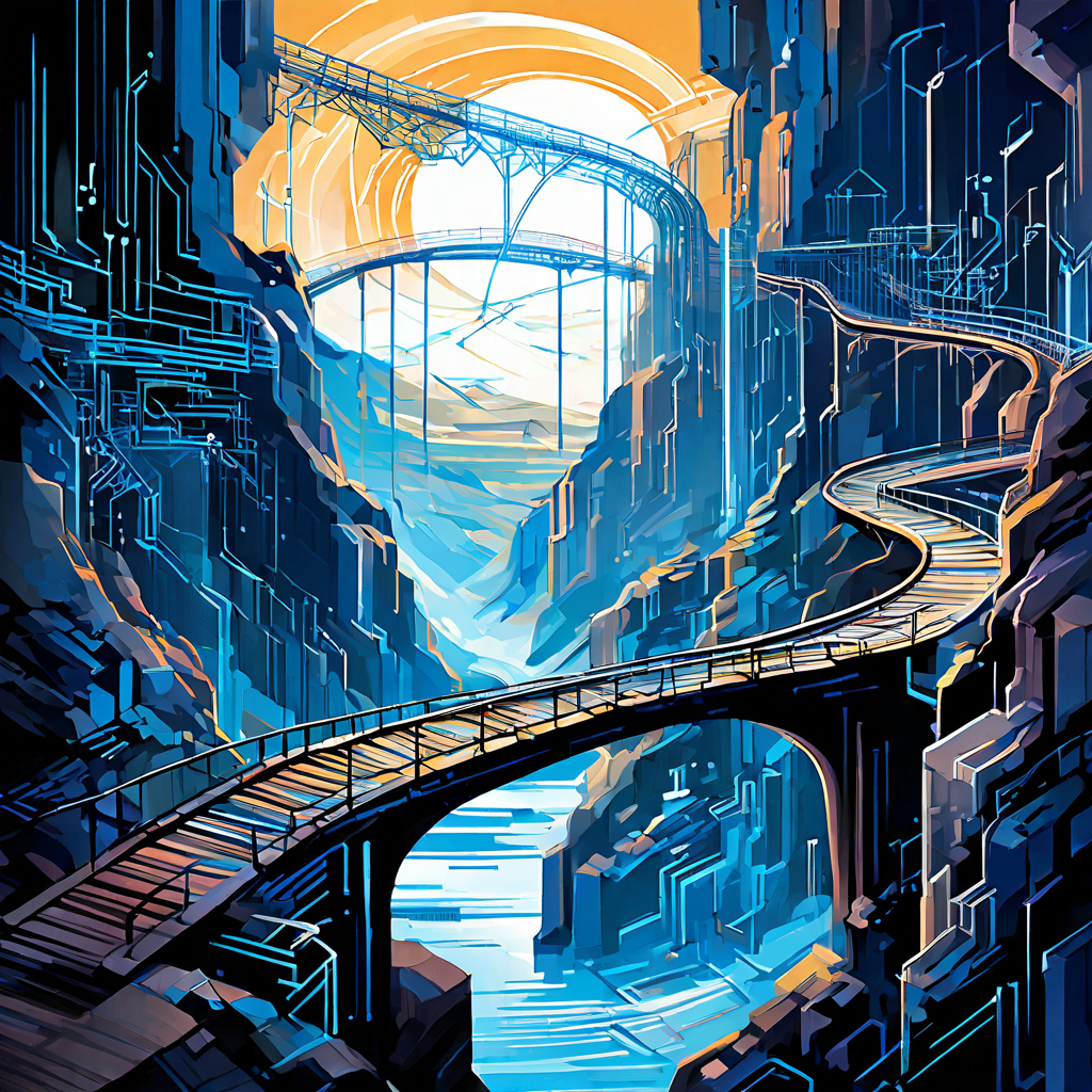 불확실성이라는 심연 위에 구축된 신뢰할 수 있는 가이드북이 추상적인 데이터를 넘어 확실한 해결책으로 연결되는 믿음직한 다리를 형성하는 과정을 상징적으로 보여주는 이미지입니다.