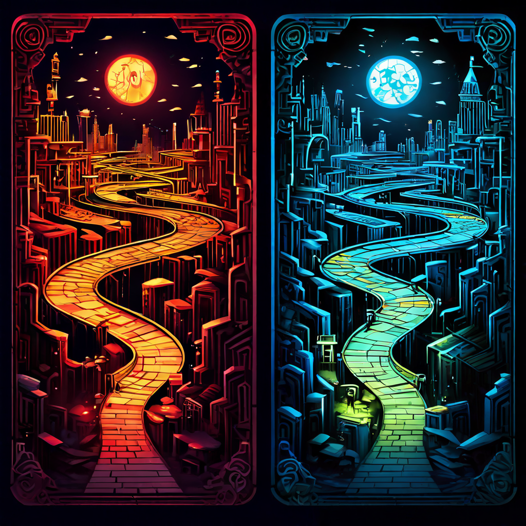 베팅 가이드의 중요성을 강조하는 비교 이미지로, 명확한 가이드는 빛나는 길처럼 안내하고 혼란스러운 가이드는 부서진 미로처럼 복잡함을 상징적으로 보여줍니다.