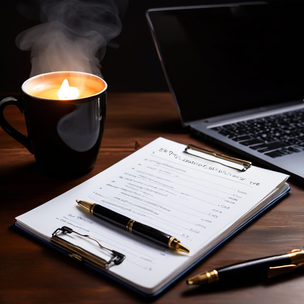 초보자의 첫 실습 과제를 상징하는 클립보드 위의 간단한 체크리스트와 펜, 빛나는 노트북, 증기가 나는 커피잔이 함께 배치된 작업 환경 이미지입니다.