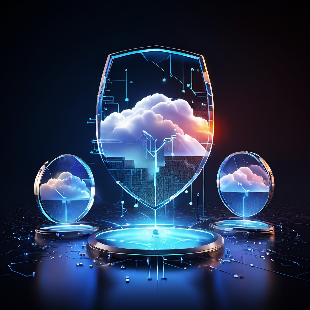 모바일, 데스크톱, 클라우드라는 세 가지 디지털 환경의 보안 방패 각각에 존재하는 고유한 취약점이나 결함을 돋보기로 확대하여 강조하는 개념적 이미지입니다.