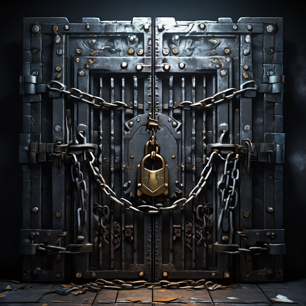 철문과 빗장, 사슬로 봉쇄된 장벽으로 정보와 데이터의 흐름이 완전히 차단된 상태를 상징적으로 표현한 이미지입니다.