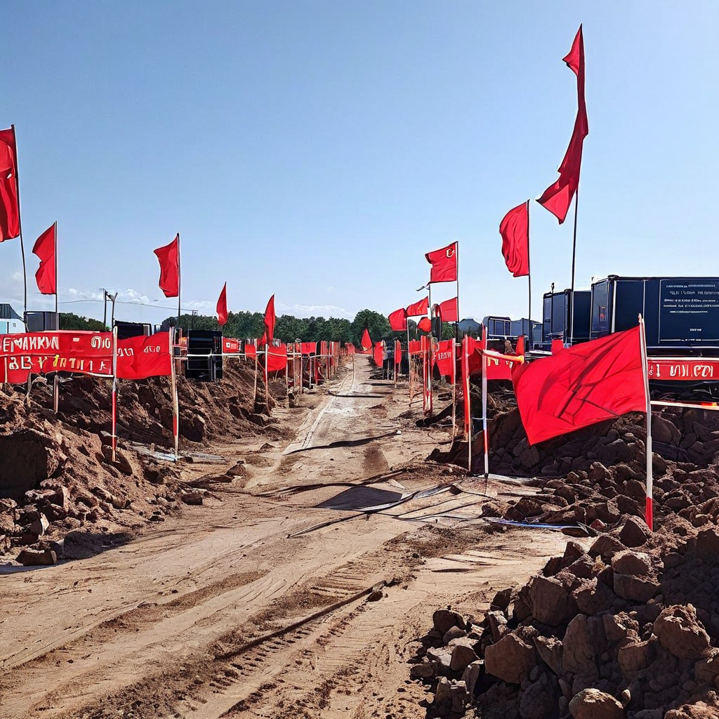 웹사이트 보안 점검과 취약점 개선 작업 중인 모습을 상징적으로 보여주며, 주의 표지와 빨간 깃발로 위험 요소를 표시한 개발 중인 사이트 이미지입니다.