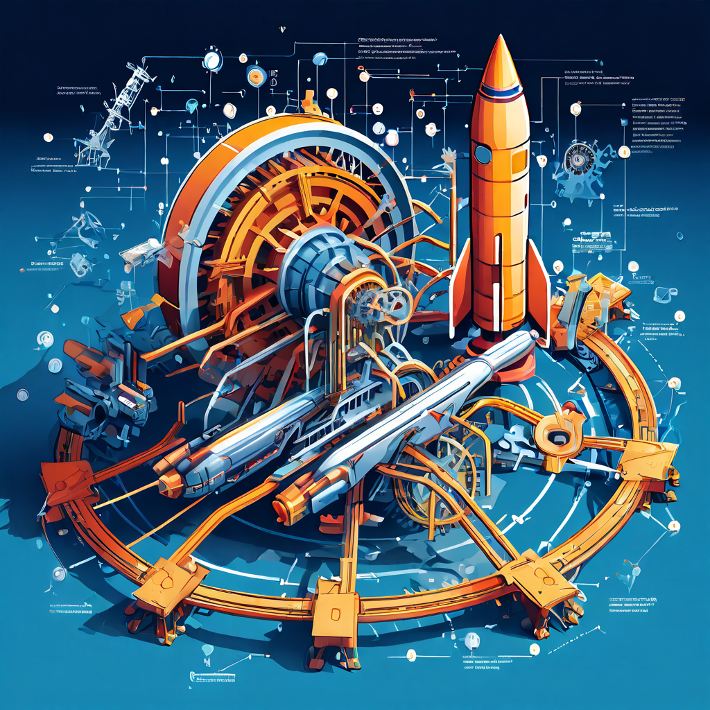 복잡한 기어와 화살표 네트워크가 단일의 효율적인 기계로 통합되어 로켓의 온보딩 발사 궤도를 가속시키는 과정을 개념적으로 묘사한 다이어그램입니다.