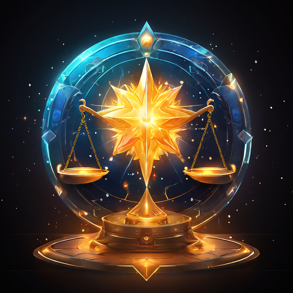 디지털 인터페이스 위에서 빛나는 별과 방패를 저울에 올려 균형을 맞추는 모습으로, 보안과 혁신의 조화 또는 위험과 보호의 균형을 상징적으로 표현한 개념 이미지입니다.