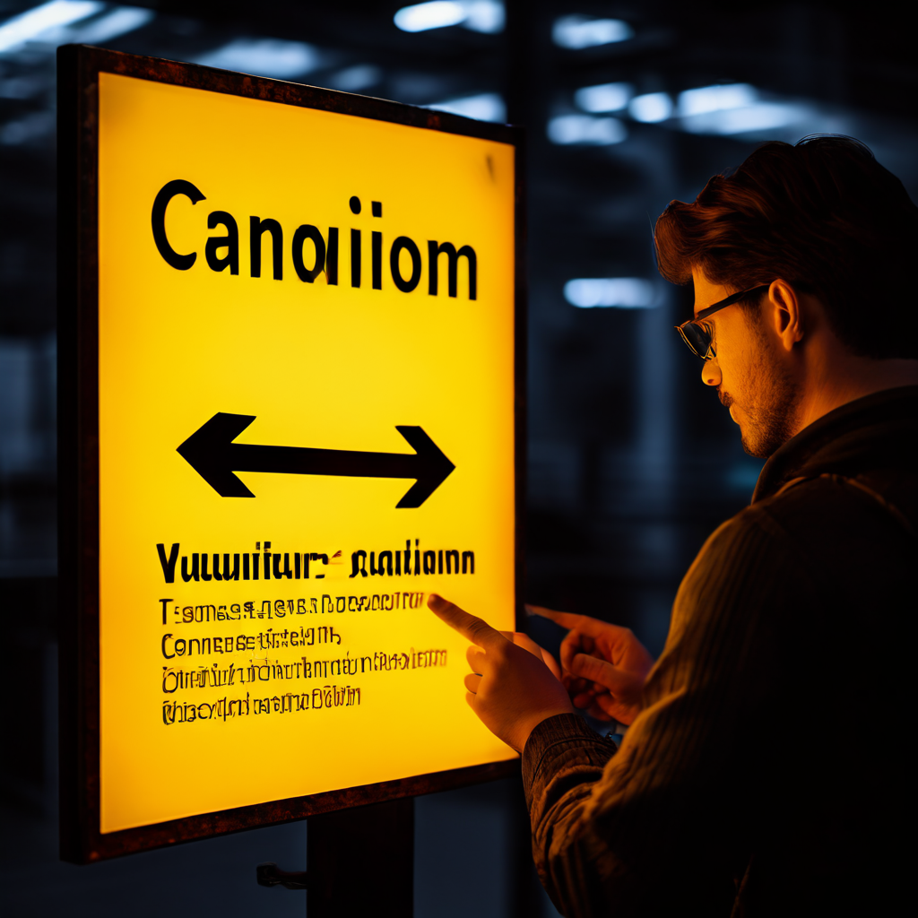 사용자 매뉴얼을 가리키는 주의 표지판 옆에서 문제 해결 방법을 차분하게 분석하는 전문가의 모습을 담은 이미지입니다.