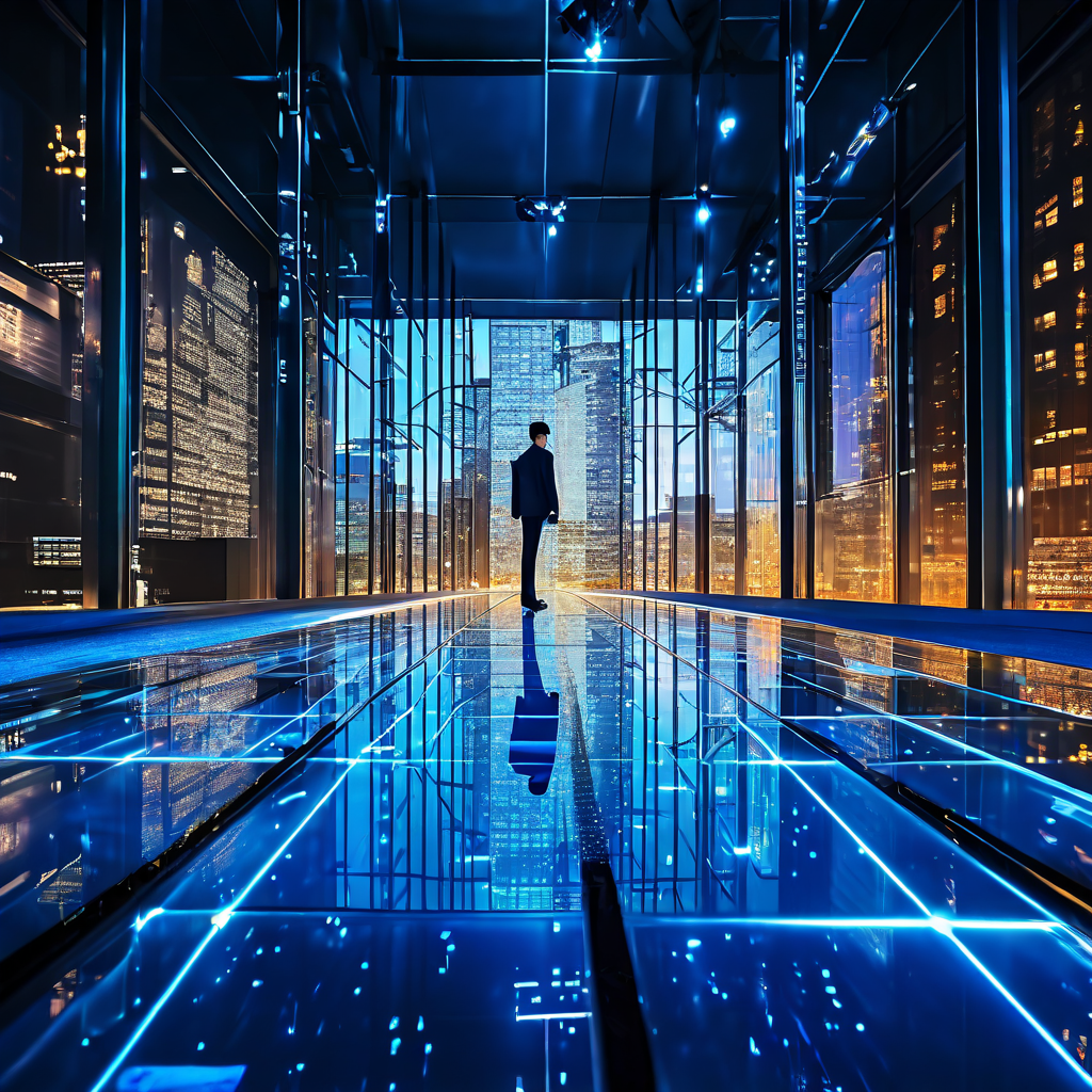 복잡한 디지털 네트워크 위의 투명 유리 바닥에 내딛은 단호한 발걸음이 신뢰 구축의 첫 단계를 상징적으로 표현한 이미지입니다.