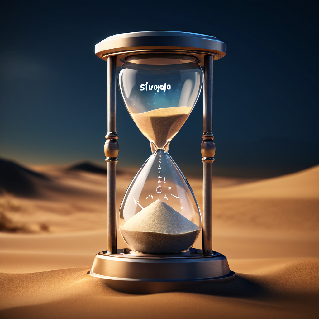 디지털 모래시계 안에 보안 자물쇠 아이콘이 위치하고 모래가 천천히 흘러내리며, '로그인 상태 유지'라고 표시된 토글 스위치가 있는 현대적인 인터페이스가 나타납니다.