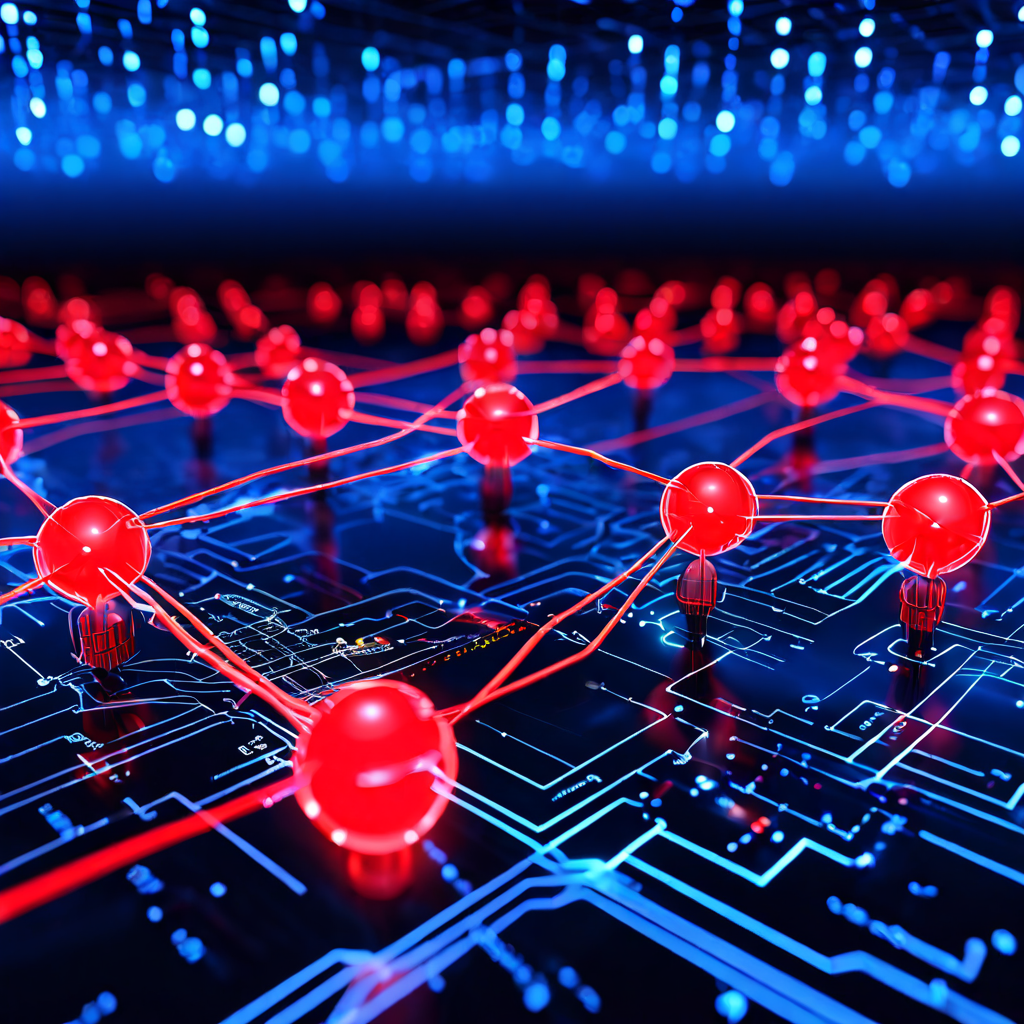 동일한 구조와 운영 패턴을 가진 여러 웹사이트가 데이터를 동기화하며 연결된 네트워크 다이어그램으로, 동일한 작업 흐름이 빨간색으로 강조되어 있습니다.